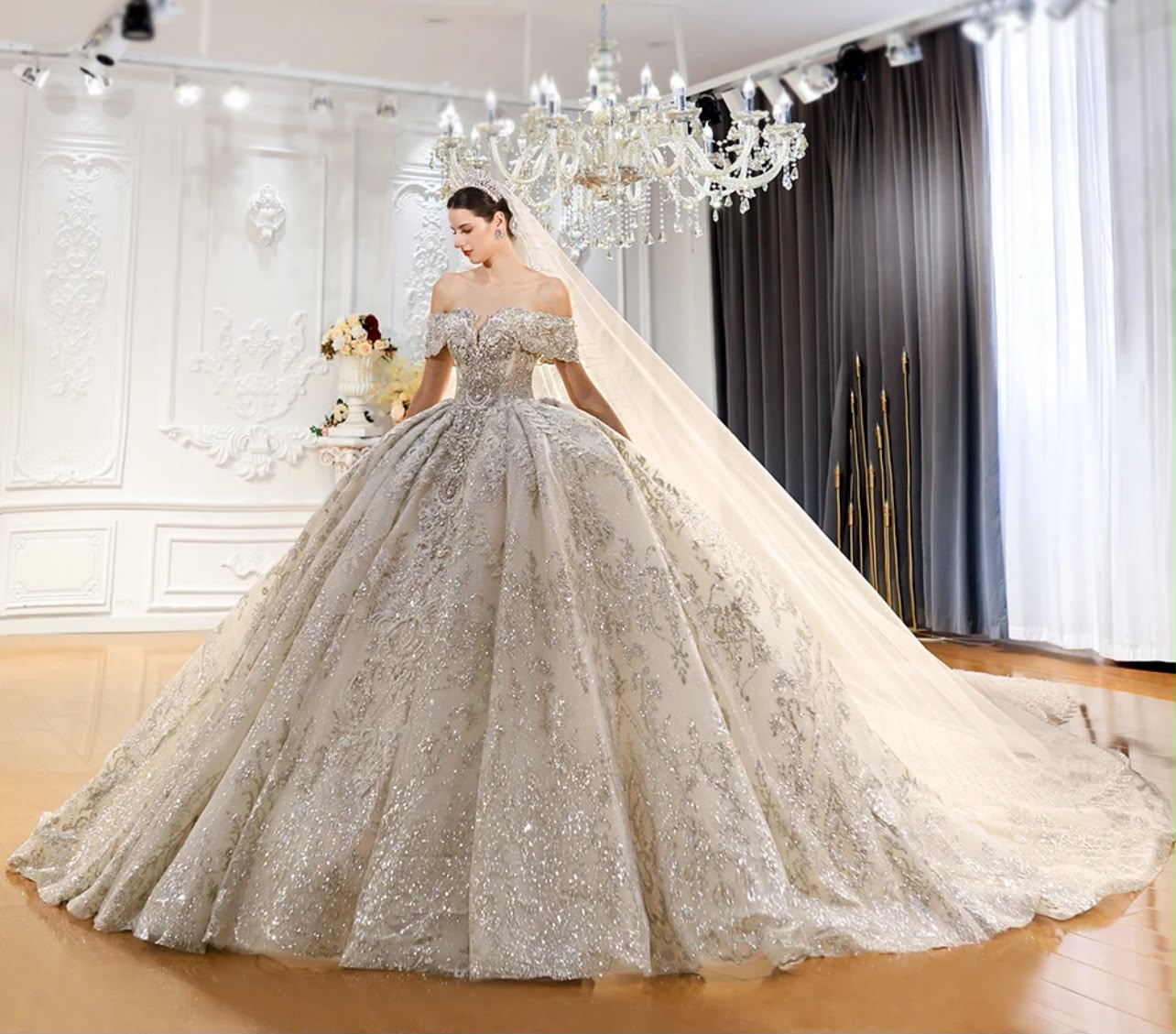 Silver Embellished Bridal Gown — Front