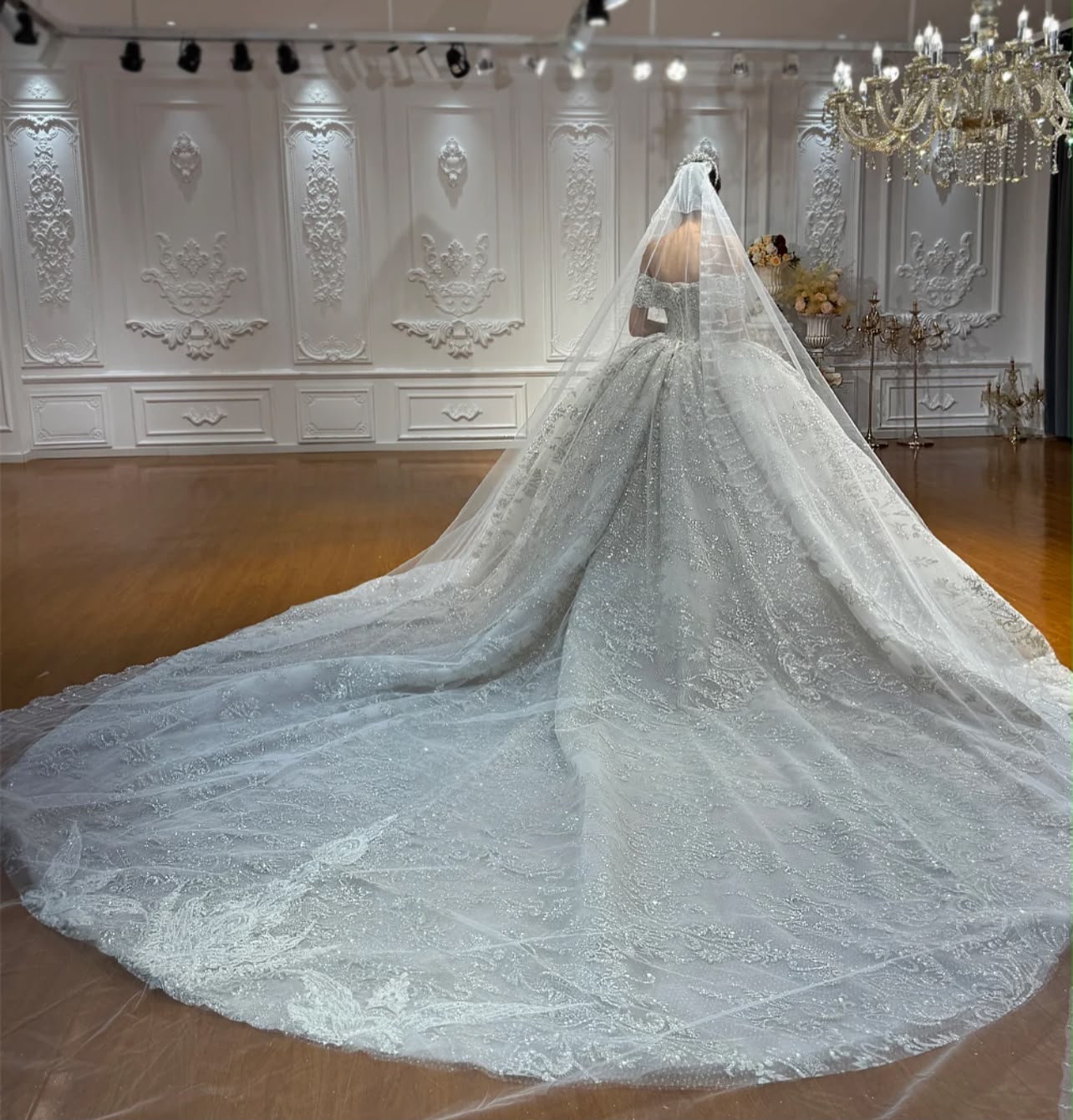 Silver Embellished Bridal Gown — Train Detail
